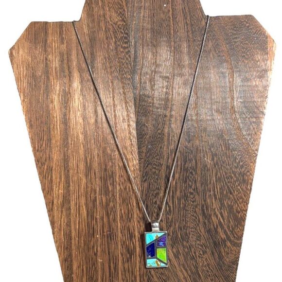 Sterling Silver 18" Italian Chain Necklace Inlaid Turquoise Lapis Lazuli Pendant - Picture 2 of 7